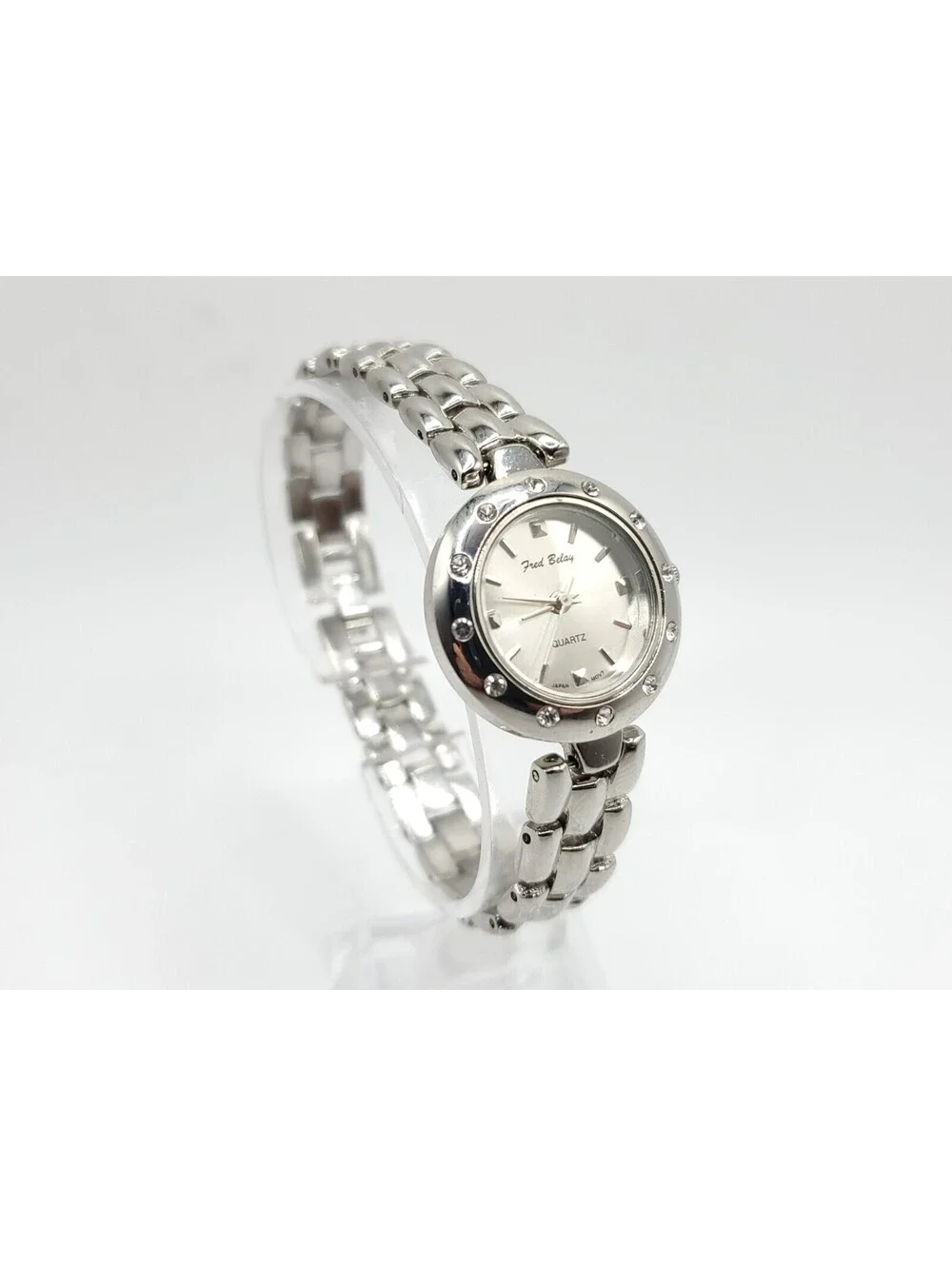 Fred Belay Quartz Rhinestone Bezel Silver Tone Women Watch New Battery 26mm